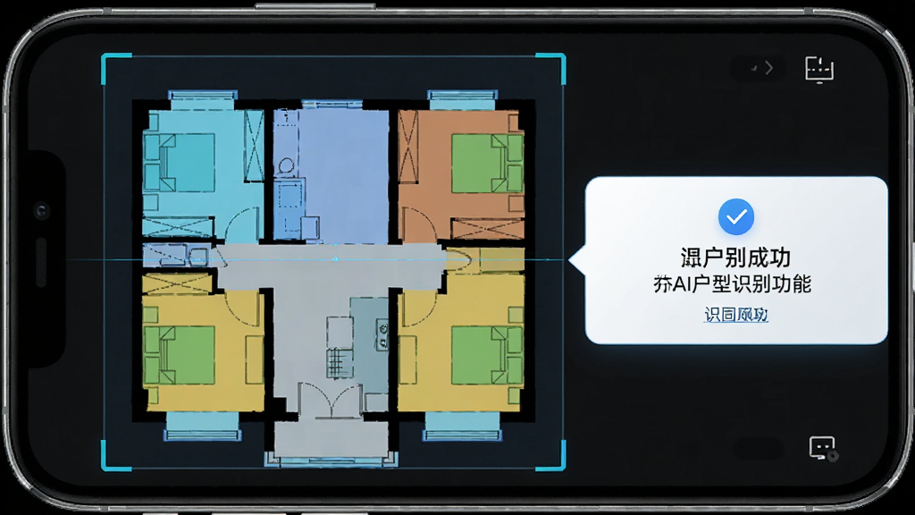 一键AI家装软件中AI户型识别功能界面,手机屏幕显示一张户型图被智能扫描分析,房间区域用不同颜色高亮标注,旁边弹出识别成功提示框,整体风格科技感强,布局清晰,画质高清,干净无多余元素