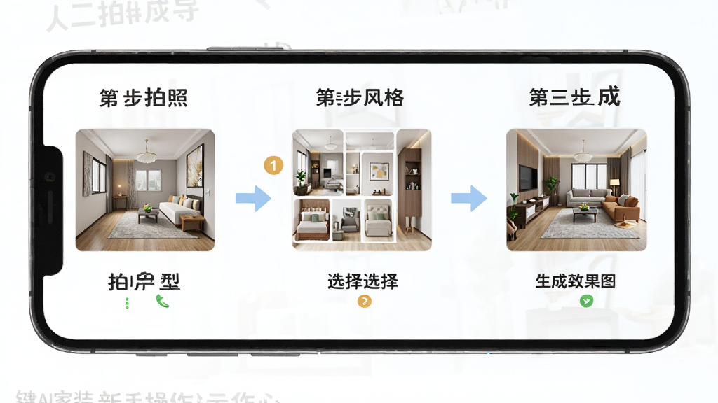 一键AI家装新手操作示意图,手机屏幕显示分步引导界面,第一步拍照户型,第二步选择风格,第三步生成效果图,界面友好清晰,适合新手理解,画质高清,干净无多余元素