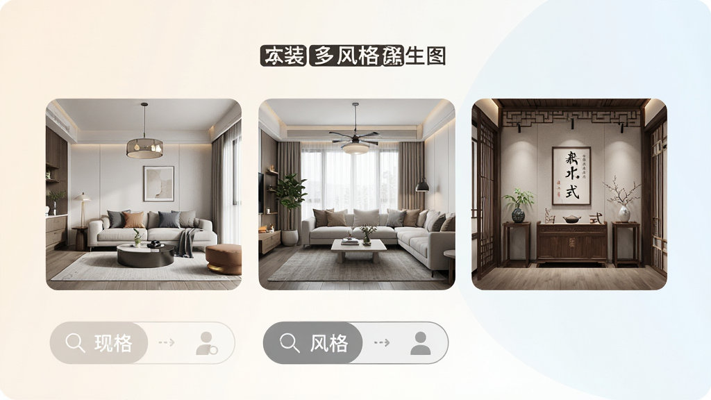 一键AI家装多风格效果图生成界面,手机屏幕同时展示现代简约、北欧风、新中式三张家装效果图缩略图,下方有风格切换按钮,背景为柔和浅色,排版整齐,风格清新,画质高清,干净无多余元素