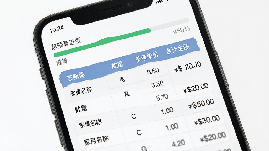 一键AI家装预算清单界面,手机屏幕显示表格形式的装修项目清单,包含家具名称、数量、参考单价和合计金额,顶部有总预算进度条,界面清晰商务,画质高清,干净无多余元素