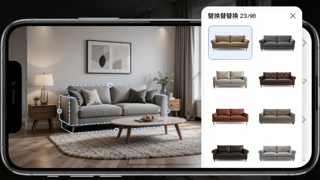一键AI家装家具替换功能界面,手机屏幕显示客厅效果图,其中沙发被选中并弹出替换列表,列表中有多款不同颜色和款式的沙发缩略图,界面简洁直观,画质高清,干净无多余元素