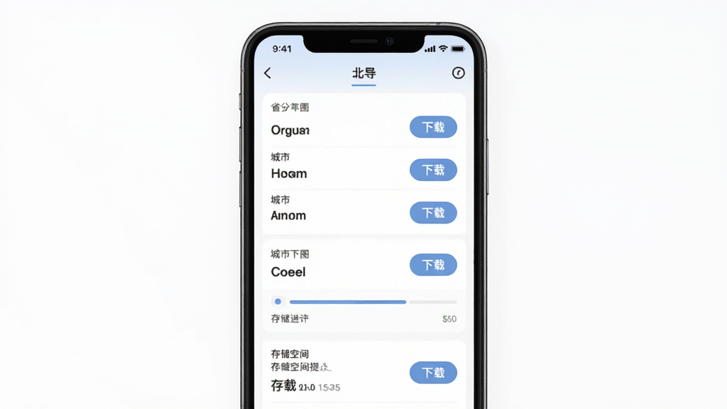 北导地图导航离线地图管理页面,主体为手机屏幕显示城市列表与下载进度条,布局为分组列表排版,风格为素雅极简设计,细节包含省份名称、城市名称、下载按钮、进度条、存储空间提示,画质清晰,干净,无多余元素