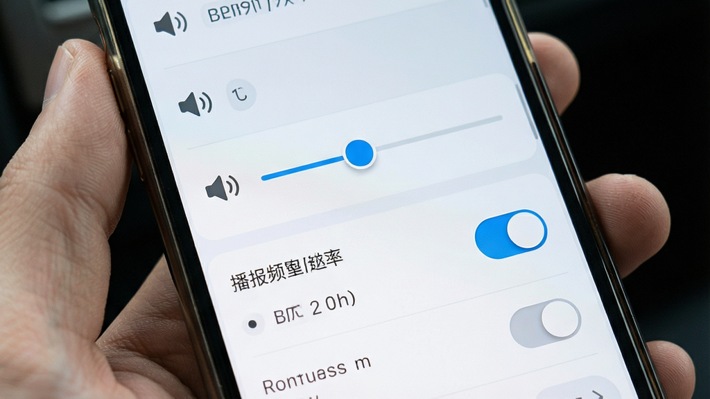 北导地图导航语音播报设置界面,主体为手机屏幕显示音量调节滑块与播报频率选项,布局为纵向列表排版,风格为清爽浅色系设计,细节包含喇叭图标、滑块控件、开关按钮、文字标签,画质清晰,干净,无多余元素