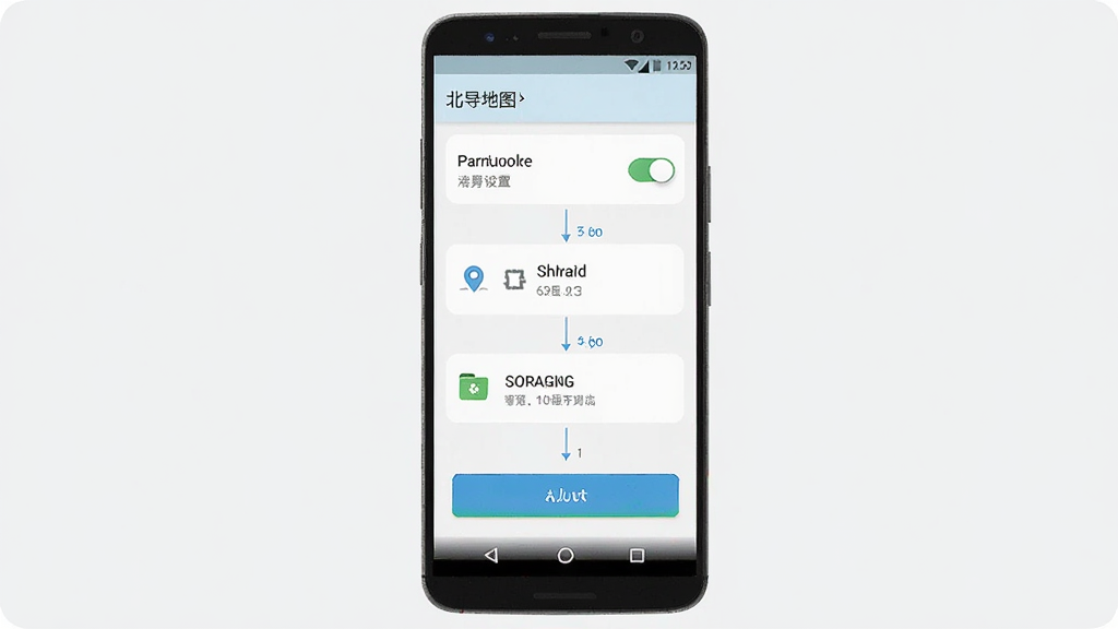 北导地图导航安装权限设置示意图,主体为安卓手机设置界面,布局为纵向步骤展示,风格为清新浅色系,细节包含权限开关、定位图标、存储图标、允许按钮,画质清晰,干净,无多余元素