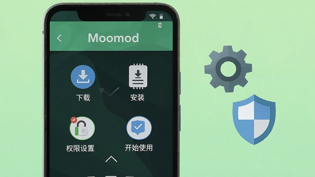 一部安卓手机屏幕显示Moomod应用的使用教程画面,屏幕内展示分步操作指引,包含“下载”“安装”“权限设置”“开始使用”四个步骤的图标和文字说明,手机旁边有齿轮和盾牌图标代表设置与安全,背景为浅绿色渐变,风格扁平化,画质清晰干净,屏幕顶部文字为“Moomod”。