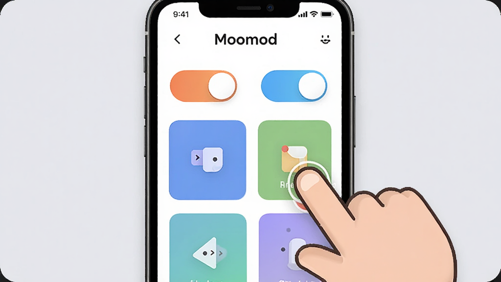 一张Moomod应用的功能展示图,画面中手机屏幕显示Moomod的个性化设置面板,有多个彩色开关按钮和模块卡片整齐排列,旁边有一个卡通手指正在点击其中一个模块,背景为柔和的浅灰色,整体风格活泼友好,屏幕内文字包含“Moomod”,画质高清,干净无杂物。