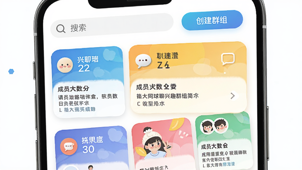 ����ͬ������ȤȺ��ҳ�棬�ֻ���Ļ��ʾ���Ⱥ�鿨Ƭ��ÿ����Ƭ��Ⱥ������Ա���ͼ�飬������������ʹ���Ⱥ�鰴ť�����������죬���ͼ�꣬���廭�ʣ�������Ԫ��