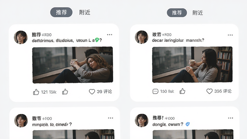 ����ͬ���Ķ�̬�㳡ҳ�棬�ֻ���Ļչʾ�����û���̬��Ƭ������ͷ�����֡�ͼƬ�͵������۰�ť���������Ƽ��͸����л���ǩ�����岼��������ǳɫ������Բ�ǿ�Ƭ��ƣ����廭�ʣ��ɾ�����