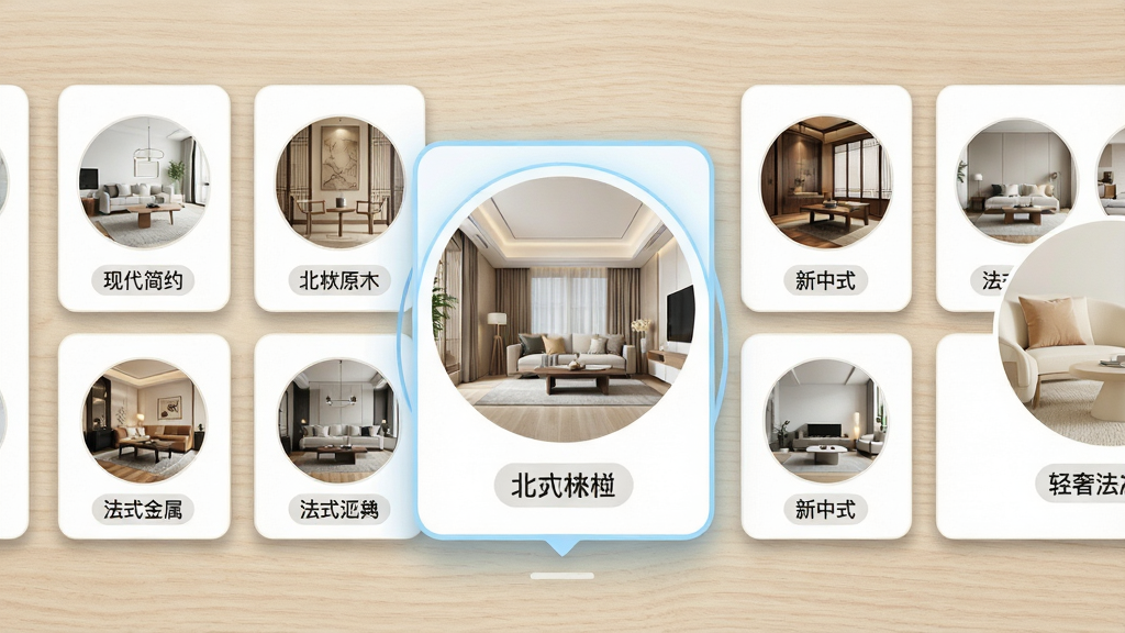 AI室内设计专家风格模板库界面,画面呈现一个横向滚动的风格选择面板,每个风格卡片以圆形缩略图展示,包含现代简约、北欧原木、新中式、轻奢金属、法式奶油等标签,当前选中的北欧风格卡片放大显示并带有淡蓝色描边,背景为浅色木纹桌面,整体风格清新自然,细节包括卡片阴影、标签文字清晰、图标简约,画质高清,无杂乱元素