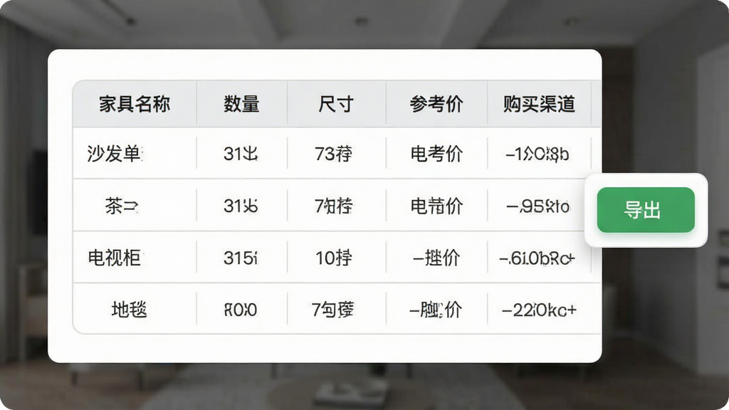 AI室内设计专家家具清单导出界面,画面展示一张简洁的表格,表头包含家具名称、数量、尺寸、参考价、购买渠道五列,表格中填充了沙发、茶几、电视柜、地毯等条目,右侧悬浮一个绿色的导出按钮,背景为白色卡片式布局,整体风格商务简约,细节包括表格线浅灰、文字深灰、按钮圆角,画质清晰,无冗余装饰
