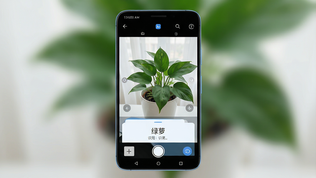 一款名为“识可”的智能手机应用界面展示,主体是一部安卓手机,屏幕中显示相机取景框正在对准一盆绿植,界面下方弹出识别结果卡片,写有“绿萝”字样,布局为居中手机正面视图,排版简洁,风格为现代科技感扁平化设计,细节包括清晰的UI按钮、柔和的蓝白配色、干净的背景,画质高清,干净,无多余元素