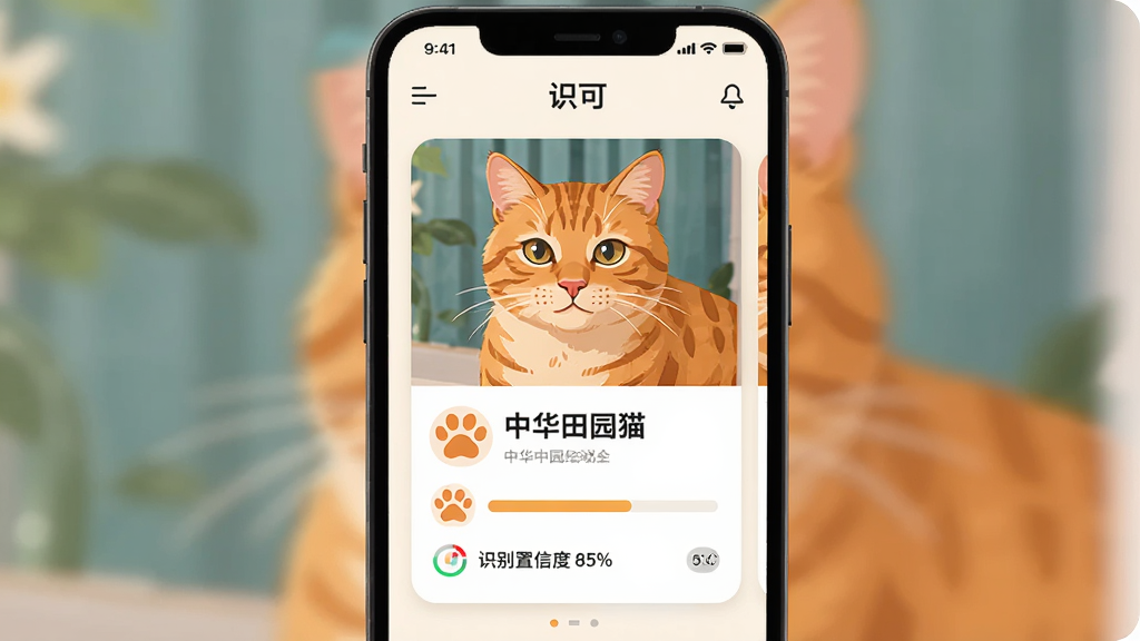 一款名为“识可”的手机应用正在识别一只橘猫,手机屏幕中显示猫咪照片及识别结果“中华田园猫”,界面采用卡片式布局,排版清晰,风格为温暖明亮的扁平化插画风格,细节包括猫爪图标、进度条、识别置信度百分比,画质高清,干净,无多余元素