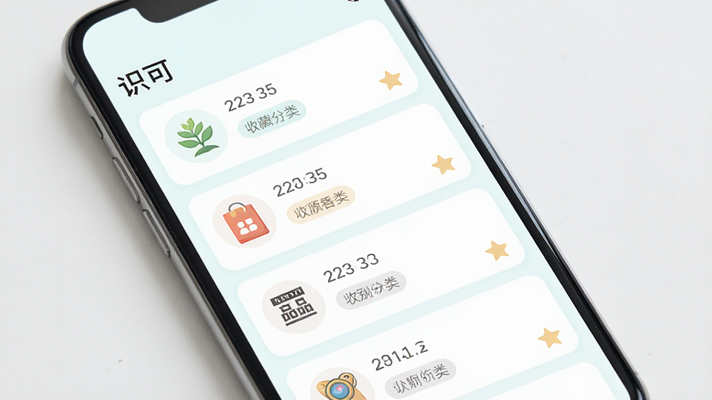 一款名为“识可”的手机应用历史记录页面,屏幕中显示多条识别记录卡片,包括植物、商品、文字等图标,布局为纵向列表,排版整齐,风格为清新浅色系设计,细节包括时间戳、分类标签、收藏星标,画质高清,干净,无多余元素