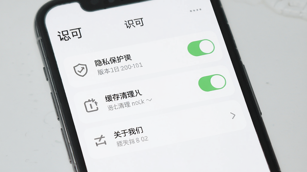 一款名为“识可”的手机应用设置页面,屏幕中显示隐私保护开关、缓存清理、关于我们等选项,布局为分组列表,排版简洁,风格为素雅极简风,细节包括盾牌图标、绿色安全标识、版本号文字,画质高清,干净,无多余元素