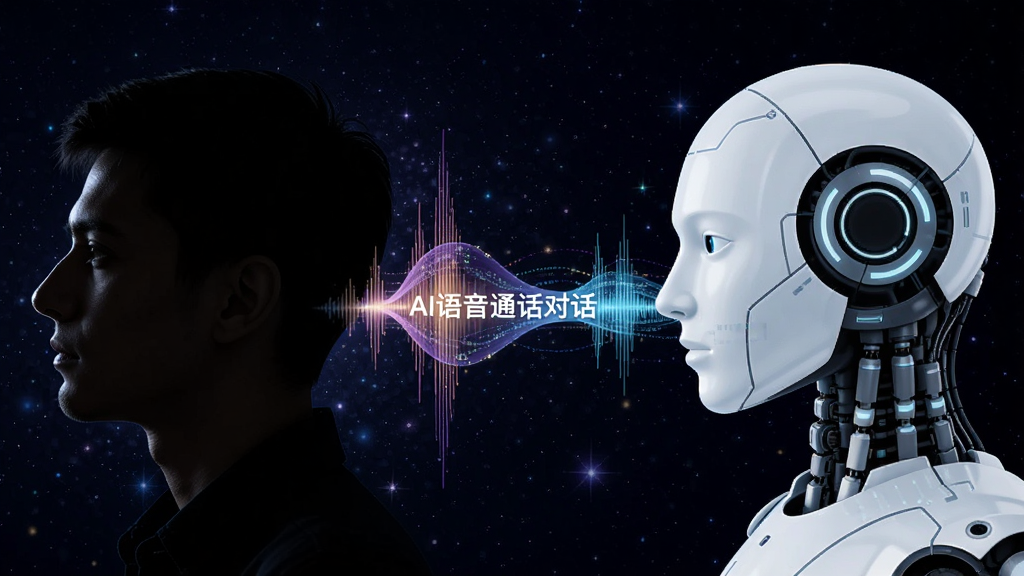 画面主体为两个人物剪影,左侧是真人侧脸轮廓,右侧是充满科技感的AI机器人轮廓,两者之间通过一条流光溢彩的声波纽带连接。布局左右对称,风格为科幻插画风,细节上声波纽带中流转着“AI语音通话对话”的文字字符。背景为深邃的星空,画质高清,干净,无多余元素。