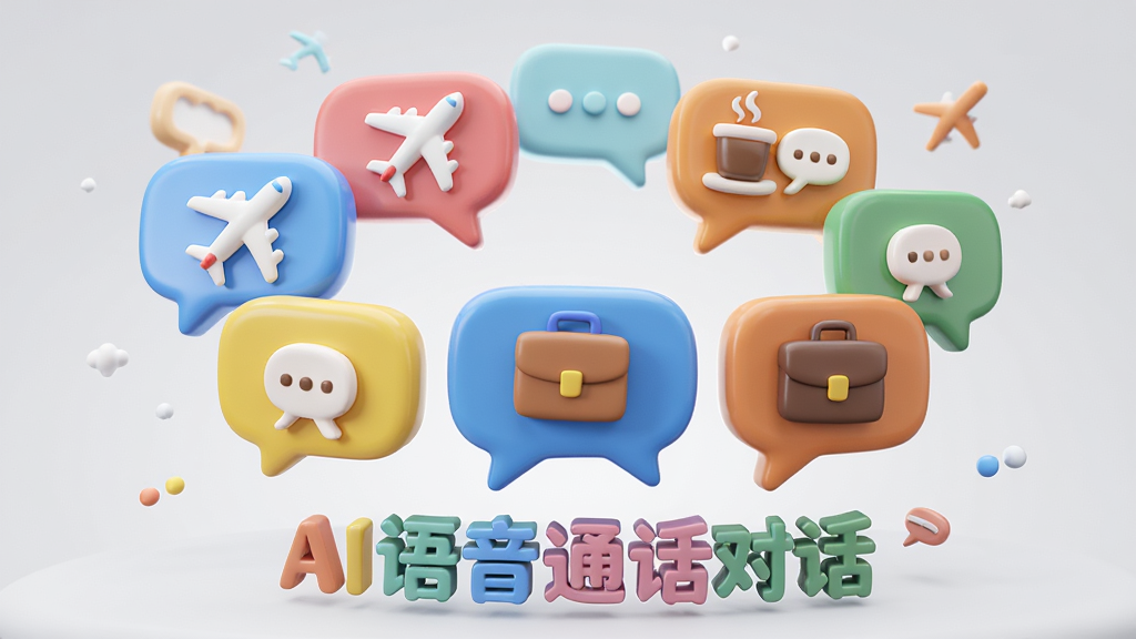 画面主体是多个悬浮的彩色对话气泡,每个气泡内展示不同的场景图标,如飞机代表旅行、咖啡杯代表闲聊、公文包代表商务。布局为环绕式排列,风格为3D卡通渲染,细节上气泡表面有光泽感,下方有“AI语音通话对话”的立体字样。背景为柔和的浅灰色,画质细腻,干净,无多余元素。