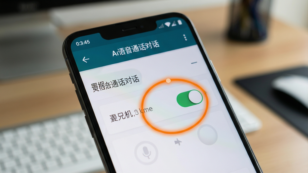 画面主体是一部安卓手机,屏幕显示AI语音通话对话的权限设置界面,麦克风权限开关被高亮圈出。布局为手机特写,风格为写实UI风格,细节上界面文字清晰可见“AI语音通话对话”字样。背景为模糊的桌面,画质清晰,干净,无多余元素。