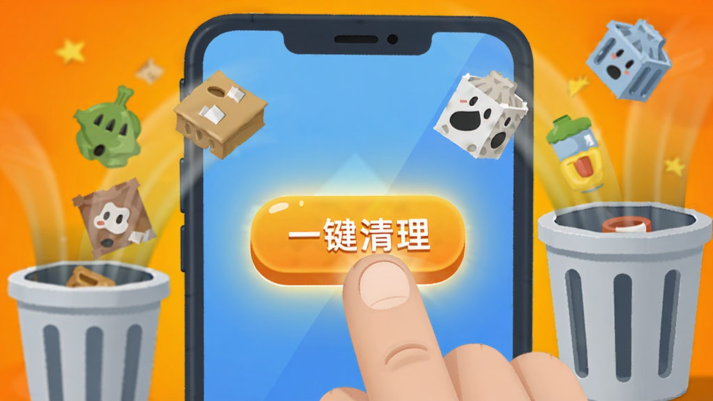 画面中央一部手机屏幕显示一键清理按钮被手指点击,按钮发出光芒,周围有垃圾图标被吸入垃圾桶的动效,背景为明亮橙色渐变,布局以手指和按钮为中心,风格为卡通扁平风,细节包括手指的圆润感、垃圾桶的立体感,画质高清,干净,无多余元素。