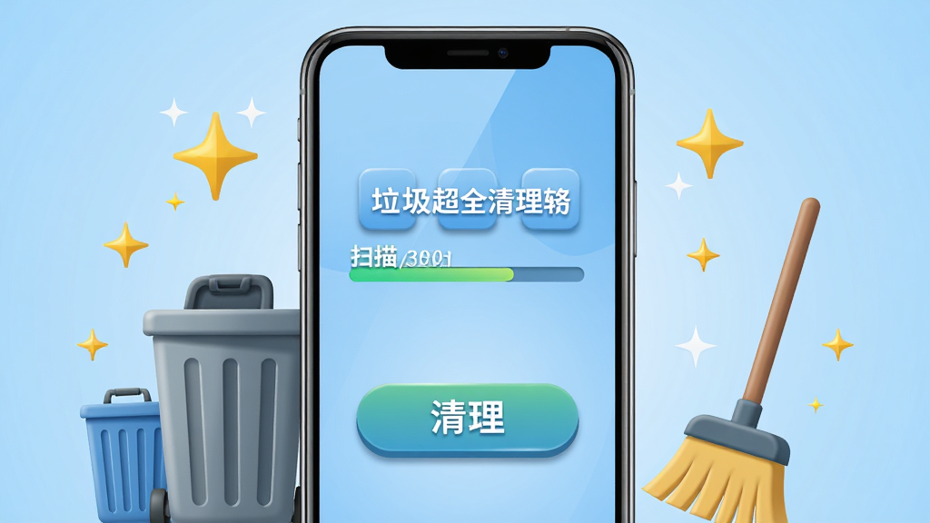 画面中央一部智能手机屏幕显示垃圾超全清理软件主界面,界面干净清爽,有扫描进度条和清理按钮,周围环绕着垃圾桶、扫帚、闪亮星星等清理主题元素,背景为浅蓝色渐变,主体突出,布局居中对称,风格为扁平化科技风,细节包括手机边缘的光泽感、图标立体阴影,画质高清,干净,无多余元素。