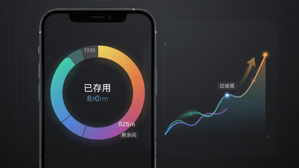 画面中央一部手机屏幕显示存储空间环形图,环形图内标注已用和剩余空间,旁边有垃圾增长曲线图,背景为深灰色渐变,布局以环形图为中心,风格为数据可视化科技风,细节包括环形图渐变色彩、曲线图动态感,画质高清,干净,无多余元素。