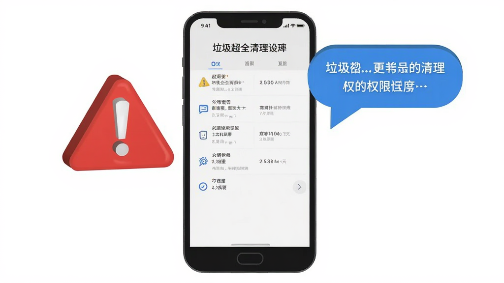 画面中央一部手机屏幕显示垃圾超全清理的权限设置界面,旁边有红色警告标志和蓝色提示气泡,背景为白色,布局以手机和警告标志为中心,风格为扁平化警示风,细节包括警告标志的立体感、气泡内的文字清晰,画质高清,干净,无多余元素。