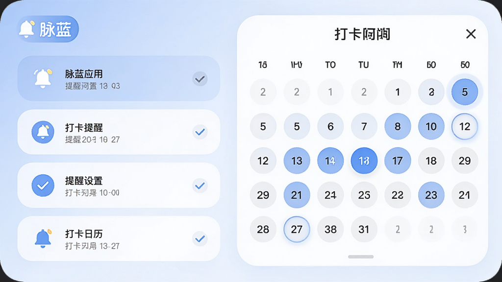主体为脉蓝应用的提醒设置与打卡日历界面,布局左侧为提醒列表右侧为月历打卡视图,排版整齐,风格为柔和圆角设计,细节包括铃铛图标、打卡对勾标记、日期高亮,画面中有