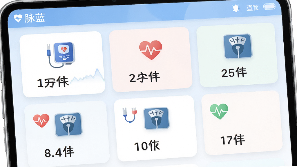 主体为脉蓝应用的多功能数据记录界面,布局采用卡片式网格排列,排版上每个卡片展示不同健康指标图标与数值,风格为清新浅色系UI,细节包括血压计图标、心率波形、体重秤图形,画面中带有