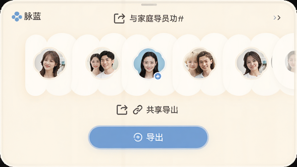 主体为脉蓝应用的家庭共享与数据导出功能界面,布局为上方家庭成员头像列表下方导出按钮,排版对称,风格为温馨浅色系,细节包括多个用户头像、文件导出图标、共享链接符号,画面中包含