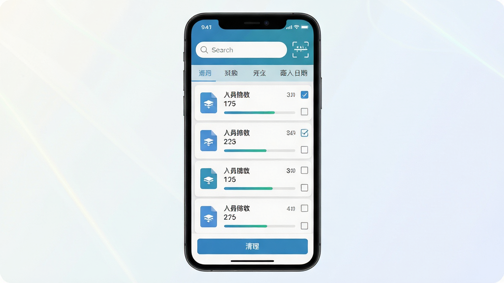 安装包管理软件主界面全貌展示,画面中央是手机屏幕,屏幕内显示安装包管理APP的首页,顶部有搜索栏和扫描按钮,中间是安装包文件列表,每个文件显示图标、名称、大小和日期,底部有清理按钮,背景为干净的浅色渐变,风格为扁平化科技风,细节包括文件图标、复选框、存储空间进度条,画质清晰,干净,无多余元素