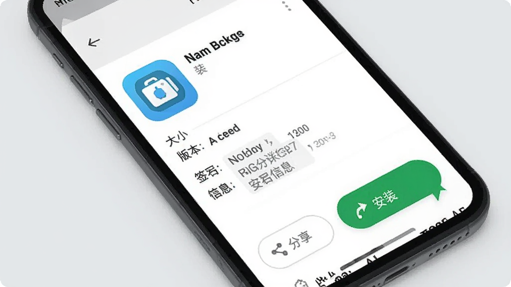 安装包管理详情与分享功能展示,画面中手机屏幕显示一个安装包的详细信息页面,包含应用图标、名称、版本、大小、签名信息,底部有分享和安装按钮,背景为浅灰色极简风格,细节包括按钮图标、信息列表、返回箭头,画质清晰,干净,无多余元素