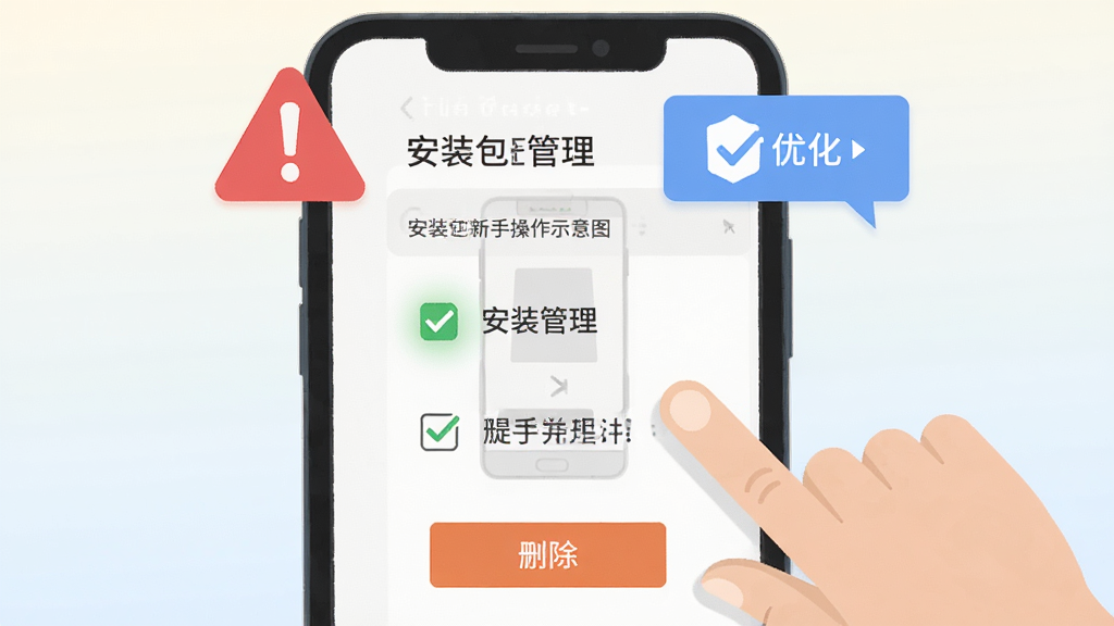安装包管理新手操作示意图,画面中一部手机屏幕显示安装包管理界面,旁边有手指点击勾选框的动画示意,屏幕上方有红色警示标志和蓝色优化标志,背景为浅色渐变,风格为扁平化教学插画,细节包括勾选状态、删除按钮、提示文字,画质清晰,干净,无多余元素