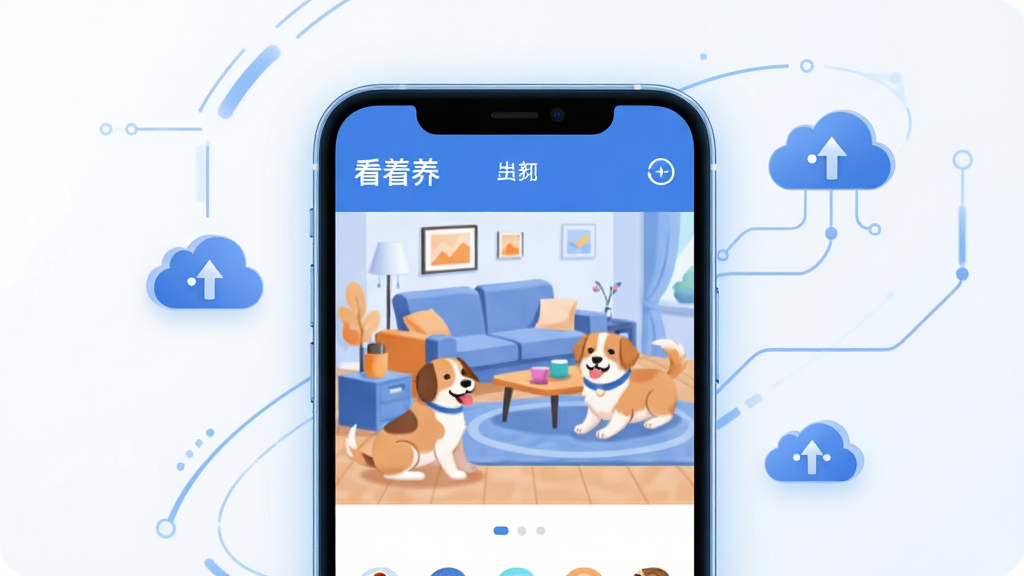 画面主体是一部智能手机屏幕,屏幕中显示着清晰的家庭客厅监控画面,画面角落有可爱的宠物狗;手机周围环绕着简洁的科技线条和云端图标,布局采用中心构图;排版上文字极少,仅手机屏幕内显示应用名称