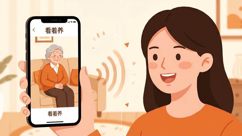 画面主体是一位年轻女性拿着手机微笑说话,手机屏幕中显示着家中老人坐在沙发上的画面,两人之间用声波符号连接;布局采用左右分屏构图;排版无多余文字,手机界面显示