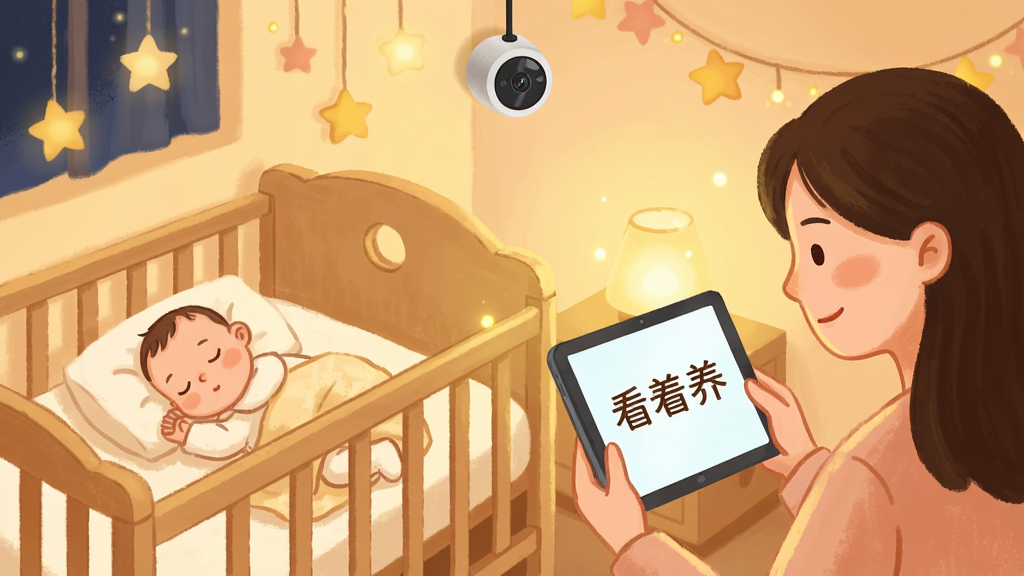 画面主体是一个温馨的婴儿房场景,摄像头安装在角落,一位年轻母亲通过平板电脑远程看着熟睡的婴儿,画面中有柔和的夜灯和星星点点的装饰;布局采用对角线构图,左侧是婴儿床,右侧是母亲手持平板;排版无多余文字,仅在平板界面显示
