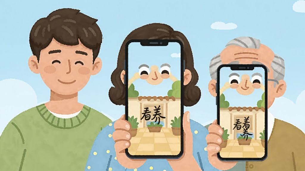 画面主体是三个不同年龄段的家庭成员(青年、中年、老年)各自拿着手机,屏幕中都显示着同一个家庭院落的画面,画面中央有