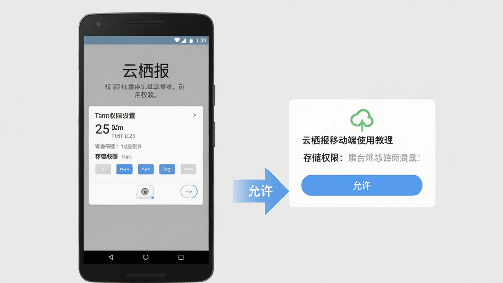 云栖报移动端使用教程示意图,画面为一部安卓手机展示安装权限设置界面与存储权限弹窗,旁边有箭头指向“允许”按钮,背景为浅灰色,风格为扁平化教学插图,细节包括清晰的文字提示与图标,画质干净,无多余元素