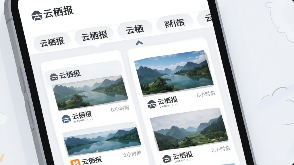 云栖报应用主界面截图风格插画,画面展示手机屏幕内多个新闻频道标签横向排列,下方是图文混排的资讯卡片,卡片上有“云栖报”字样与分类图标,背景为干净的白色与浅灰色,风格简洁明快,细节包括清晰的字体、缩略图与时间戳,画质高清,无杂乱元素