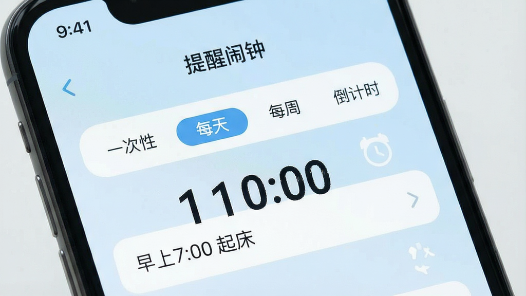 手机屏幕展示“提醒闹钟”的添加提醒页面,页面内有“一次性”“每天”“每周”“倒计时”四个选项卡,当前选中“每天”,下方有“早上7:00 起床”的文字条目;主体为手机正面特写,布局上下结构;排版整洁,按钮圆润;风格为现代简约UI设计,浅蓝色调;细节上时间数字较大,易于阅读;画质清晰,干净无多余元素。