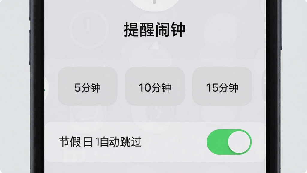 手机屏幕显示“提醒闹钟”的稍后提醒设置界面,有5分钟、10分钟、15分钟三个按钮,下方有“节假日自动跳过”开关,开关处于开启状态;主体为手机界面特写,布局居中;排版简洁,按钮为圆角矩形;风格为扁平化设计,浅灰色背景;细节上开关有绿色高亮;画质清晰,干净无多余元素。