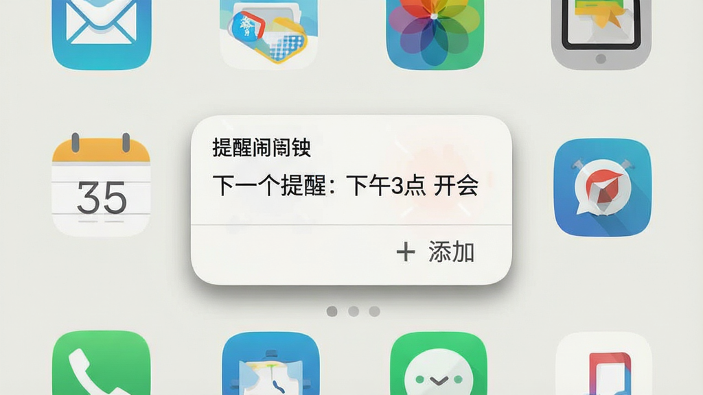 手机桌面展示“提醒闹钟”的桌面小组件,小组件上显示“下一个提醒:下午3点 开会”和“+添加”按钮,周围有其他应用图标;主体为手机桌面俯视图,布局网格状;排版整齐,图标排列有序;风格为扁平化图标设计,浅色背景;细节上小组件有轻微阴影;画质高清,干净无多余元素。