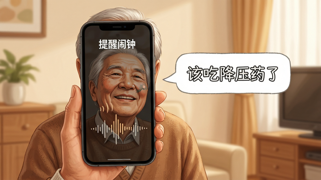 一位老年人手持手机,手机屏幕显示“提醒闹钟”正在语音播报,屏幕上有声波图案和“该吃降压药了”的文字气泡;主体为人物半身和手机,布局居中偏左;排版上文字气泡位于屏幕右侧;风格为写实插画,暖色调;细节上老人面带微笑,背景为居家环境;画质高清,干净无多余元素。