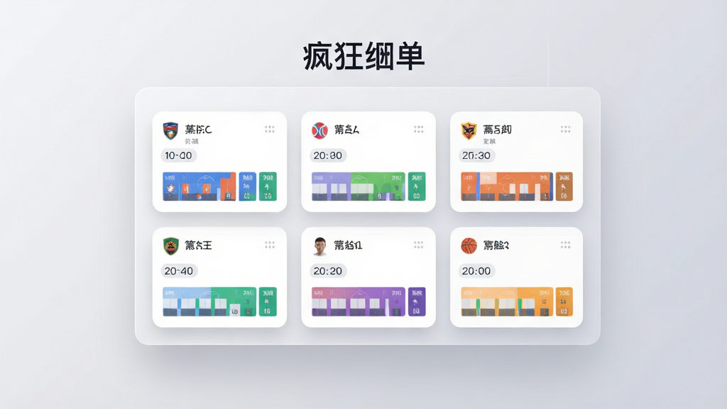 画面主体为一块悬浮的虚拟数据面板,面板中央用卡片形式排列多场足球与篮球赛事,每张卡片包含队名、时间与数据条,背景为浅灰色渐变,布局采用网格状排列,风格为简约商务,细节包含卡片圆角、轻微投影与数据高亮色块,画质干净清晰,面板上方标注“疯狂红单”,无多余装饰元素