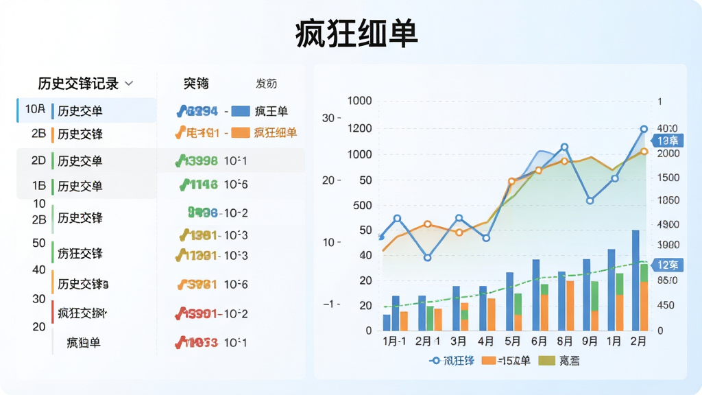 画面中心为一块横向展开的数据走势图区域,左侧为历史交锋记录列表,右侧为折线图与柱状图组合,背景为白色与浅蓝渐变,布局左右分栏,风格为清新浅色,细节包含坐标轴线、数据点标记与图例色块,画质清晰干净,图表上方标注“疯狂红单”,无多余元素