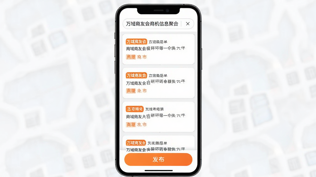 万域商友会商机信息聚合页面展示图,主体为手机屏幕中的商机列表与发布按钮,布局采用顶部筛选栏加中部信息流,排版为上下结构,风格为商务简洁风,细节包括橙色高亮标签、白色背景卡片、灰色分隔线、底部悬浮发布按钮,画质高清,画面干净,无多余元素