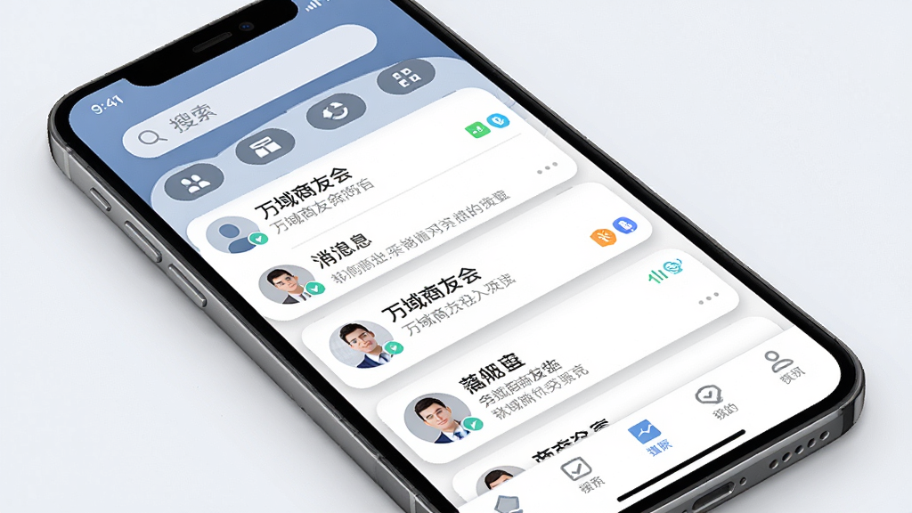 万域商友会手机应用界面展示图,主体为一部竖屏智能手机,屏幕上显示商务社交聊天列表与联系人名片,布局采用上下结构,上方为搜索栏与功能图标,中部为消息卡片列表,下方为底部导航栏,排版整齐清晰,风格为现代简约商务风,细节包括蓝灰色调图标、圆角卡片、轻微阴影层次,画质高清,画面干净,无多余元素