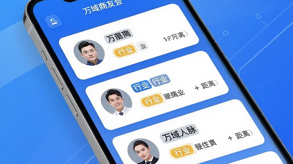 万域商友会商务人脉匹配功能展示图,主体为手机屏幕中的联系人推荐列表,布局采用卡片式排列,每张卡片包含头像、行业标签与距离信息,排版为纵向滚动列表,风格为清爽科技感,细节包括蓝色渐变背景、白色卡片、圆角图标,画质高清,画面干净,无多余元素