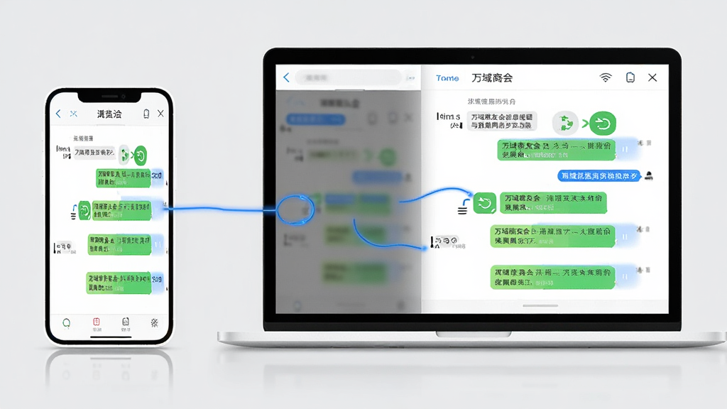 万域商友会消息提醒与数据同步功能展示图,主体为手机与笔记本电脑双设备并排显示相同聊天界面,布局采用左右对比构图,排版为横向并列,风格为现代办公科技风,细节包括同步图标、蓝色连接线条、白色设备边框、浅灰背景,画质高清,画面干净,无多余元素