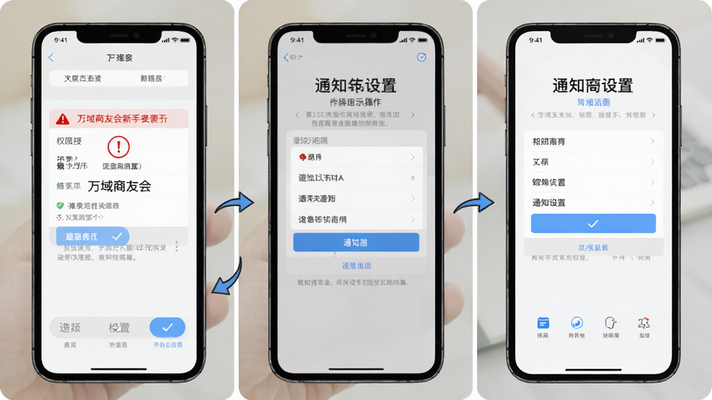 万域商友会新手安装设置操作示意图,主体为手机屏幕显示权限授予与通知设置界面,布局采用分步截图排列,排版为纵向流程,风格为扁平化教程风,细节包括红色警示标识、蓝色勾选按钮、灰色说明文字,画质高清,画面干净,无多余元素