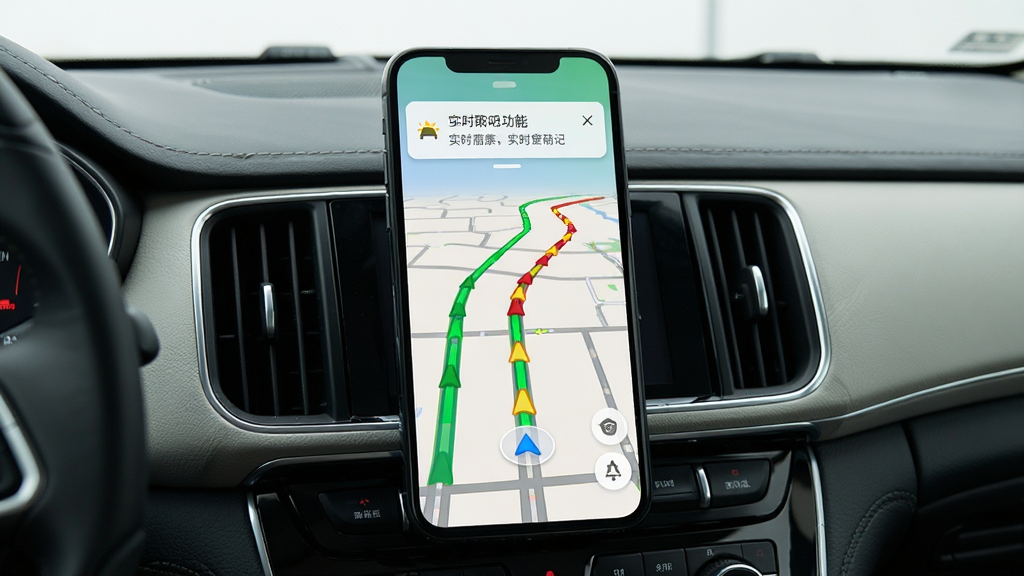 手机车载导航实时路况功能展示,手机屏幕地图上以绿黄红三色标注不同路段通行状态,屏幕上方弹出路况提醒通知,背景为汽车中控台,画面简洁直观,风格科技现代,画质高清,无多余元素