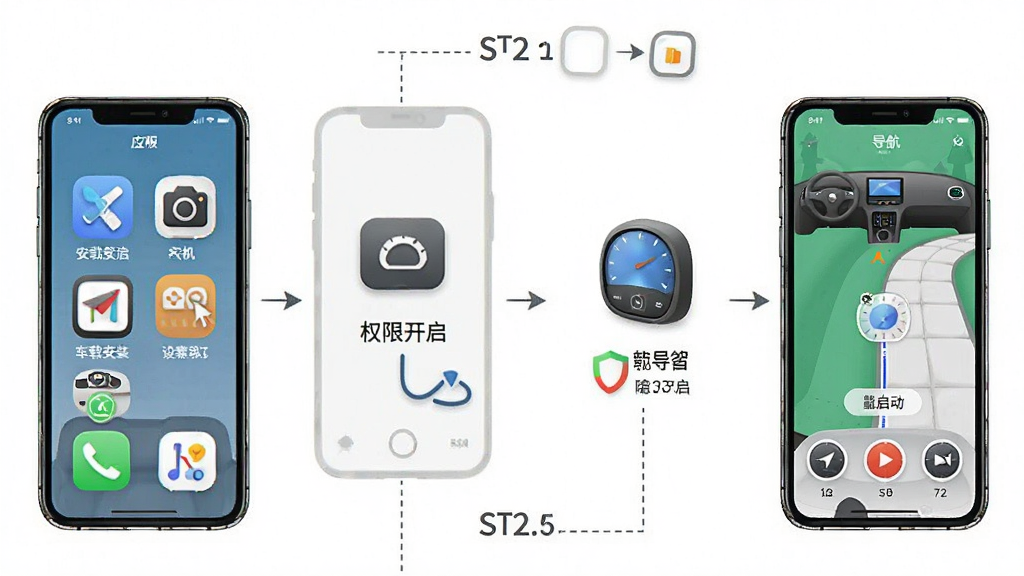 手机车载导航安装设置步骤示意图,画面展示手机屏幕从应用安装到权限开启再到导航启动的完整流程,分步骤排列,每步配有小图标说明,整体风格简洁教程风,画质清晰,干净无多余元素
